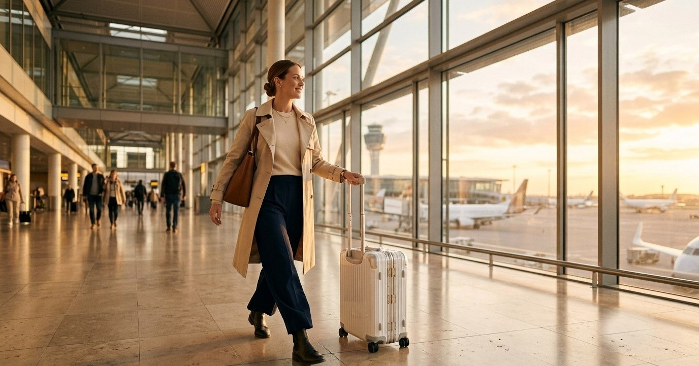 Voyageuse à l'aéroport avec la valise VALIZIGO